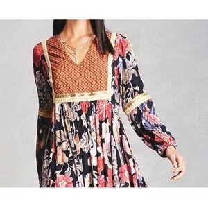 RD Koko Floral Tunic Blouse Pleated Button Embroidered V Neck Long Sleeve L